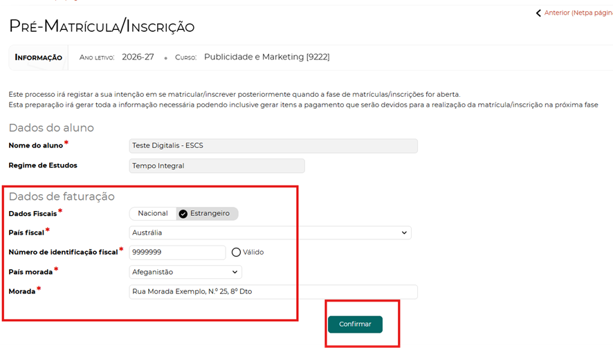 Confirmação de dados pessoais