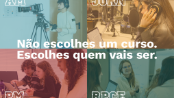 Anúncio com os quatro cursos e estudantes a trabalhar nas quatro áreas.